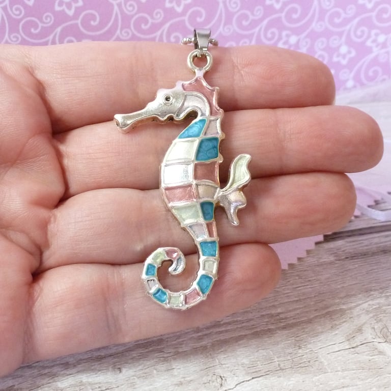 Silver seahorse pendant, metallic pink and blue handpainted necklace for women