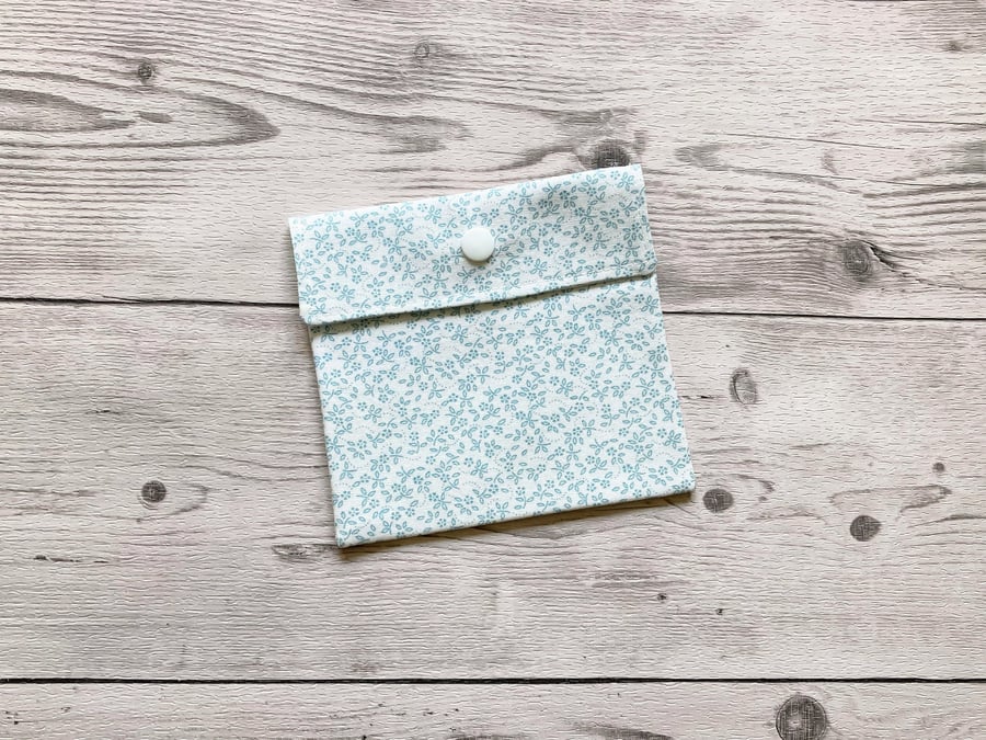 Discreet sanitary pouch. Feminine products holder. Ivory & duck egg ditsy cotton