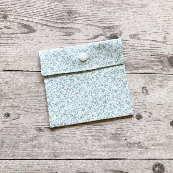 Discreet sanitary pouch. Feminine products holder. Ivory & duck egg ditsy cotton