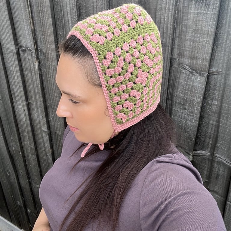 Pink & Green Granny Square Crochet Bonnet - Cottagecore Hat