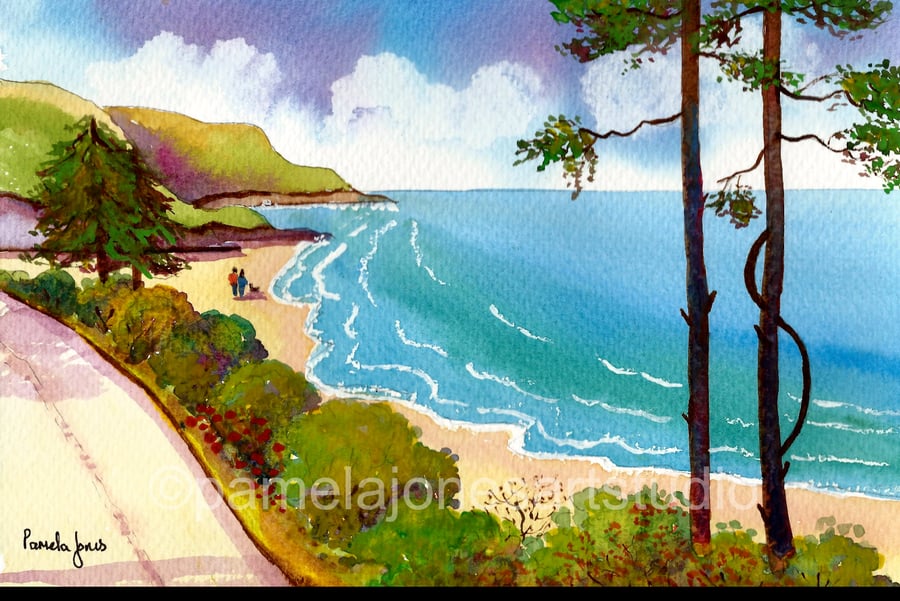 Caswell Bay, Gower Peninsula, Wales, Watercolour Print in 10 x 8 '' Mount 