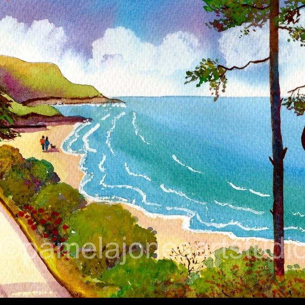 Caswell Bay, Gower Peninsula, Wales, Watercolour Print in 10 x 8 '' Mount 