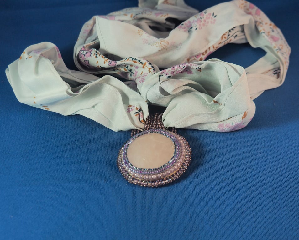 Rose Quartz Disc Pendant on a Vintage Scarf