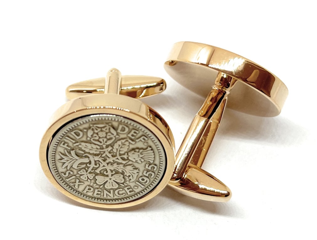 Premium Rose Gold plated 1955 Sixpence Cufflinks for a 70th birthday HT