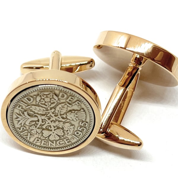 Premium Rose Gold plated 1955 Sixpence Cufflinks for a 70th birthday HT