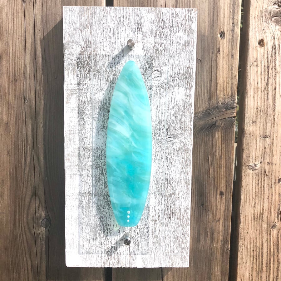 Fused Glass Surfboard Mounted on Painted Reclaimed Wood