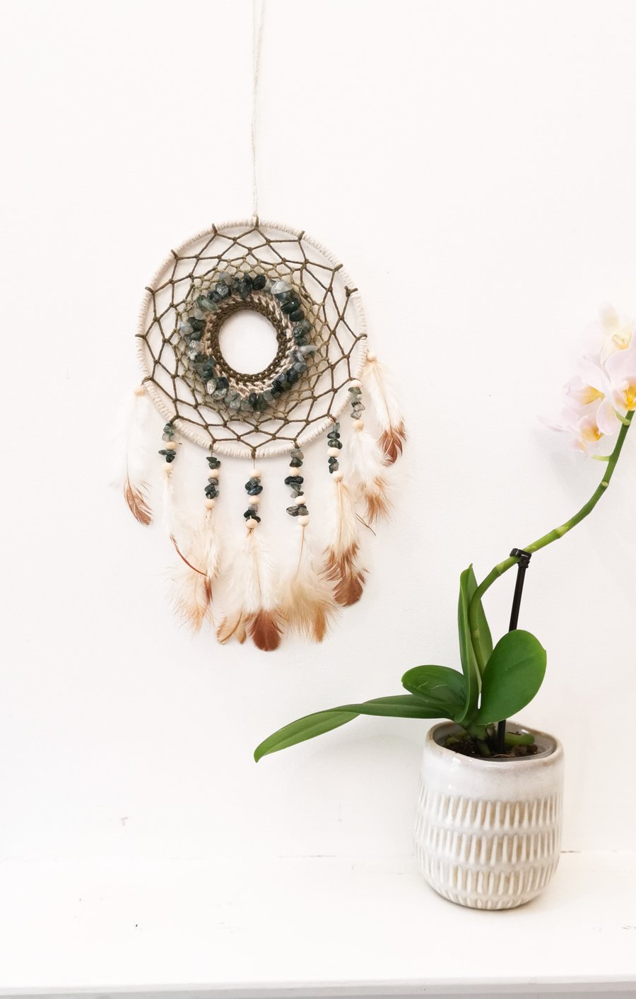 Gemstone Dreamcatcher, Moss agate feather Dream catcher wall hanging