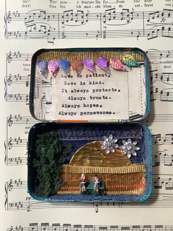 Love. Diorama. Miniature. Vintage tin. Upcycled. Engagement . Wedding gift 