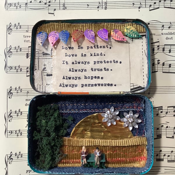 Love. Diorama. Miniature. Vintage tin. Upcycled. Engagement . Wedding gift 