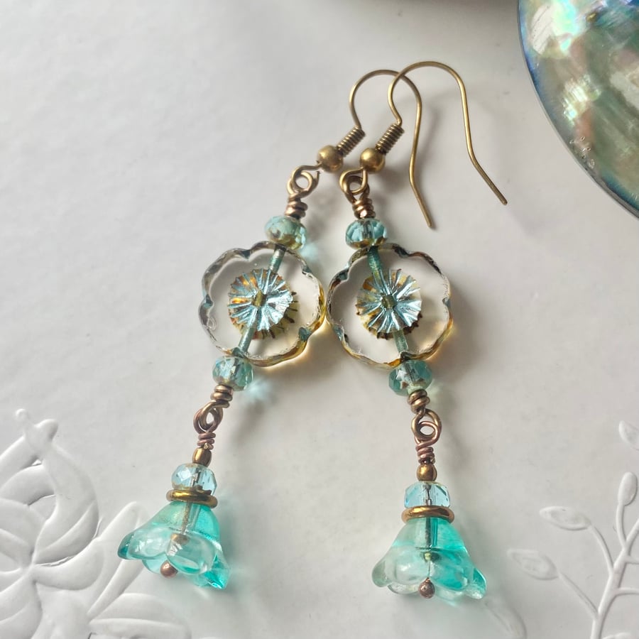 Antique bronze Czech glass flower earrings 