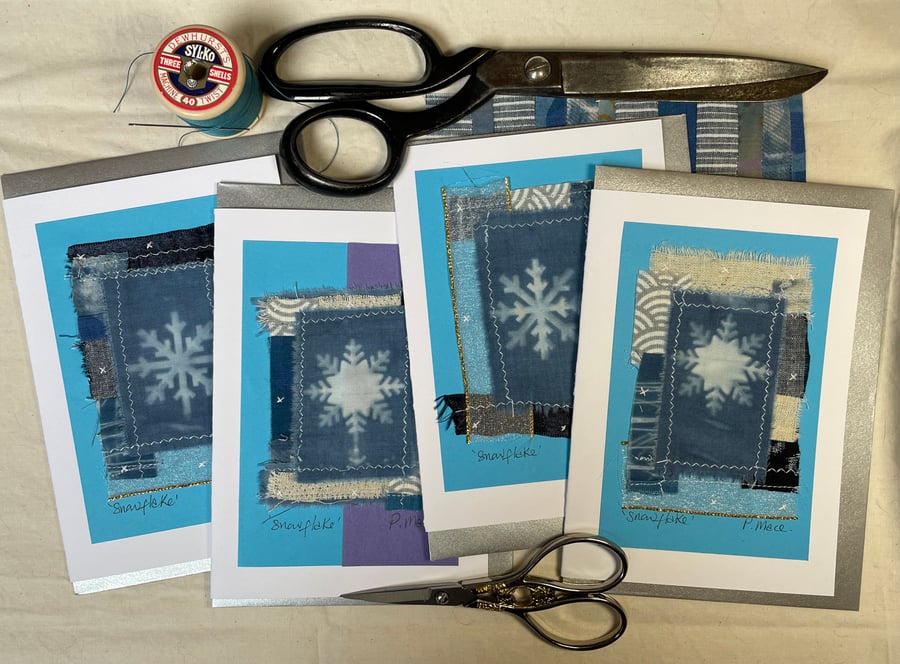 Handcrafted sewn & dyed textile snowflake greeting cards. Cards are NOT PRINTED