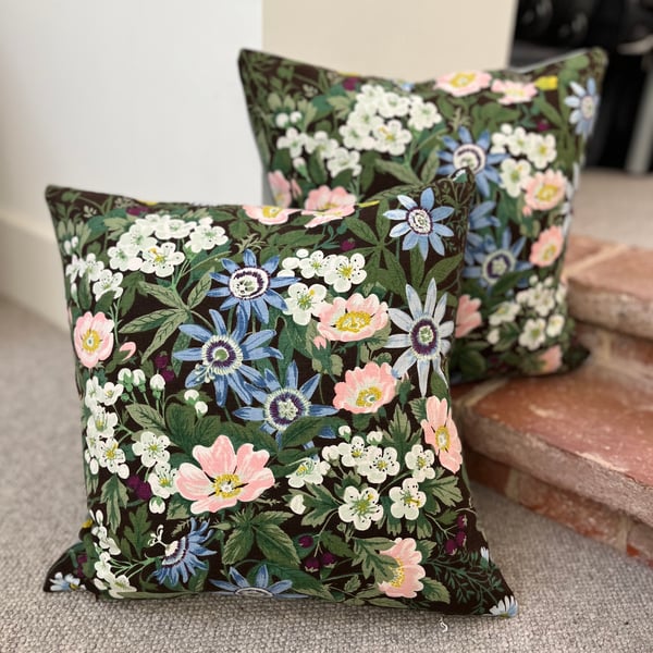 Belinda vintage floral cushion cover with passionflowers and dog roses