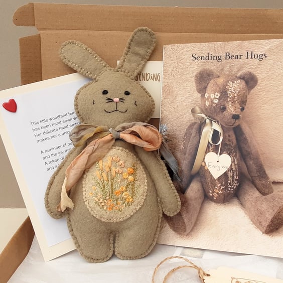 Letterbox Gift rabbit, sending bear hugs woodland bunny, hand sewn hare