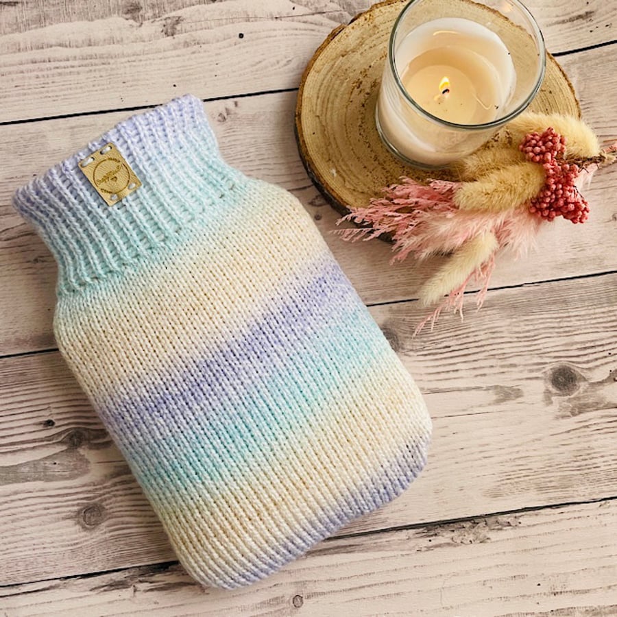 Hot water bottle cover rainbow gifts knitted bottle cosy
