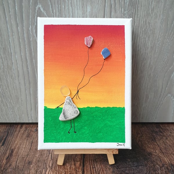 Sea glass and sea pottery canvas of a girl playing balloons "Sunset" 