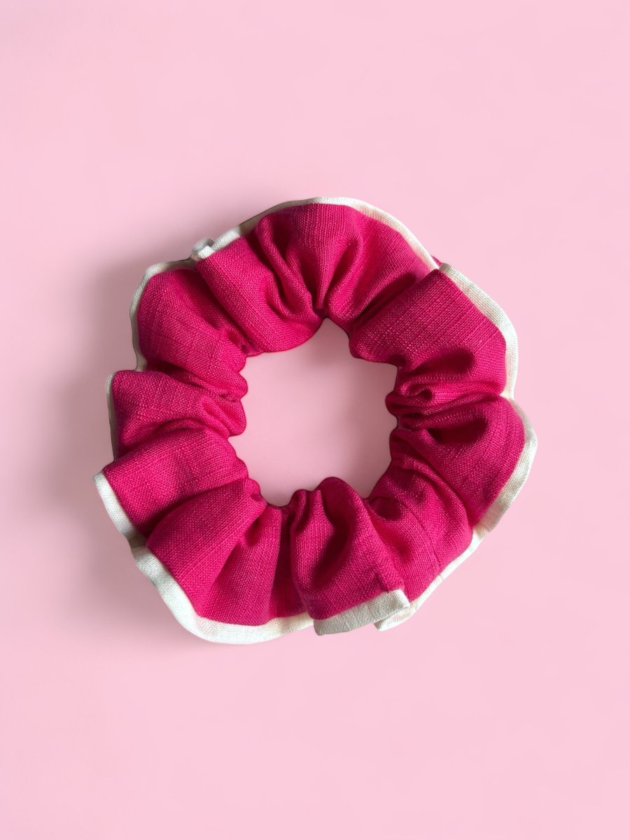 Hot Pink & Cream Linen Scrunchies 
