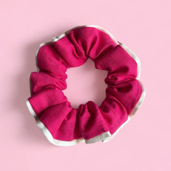 Hot Pink & Cream Linen Scrunchies 