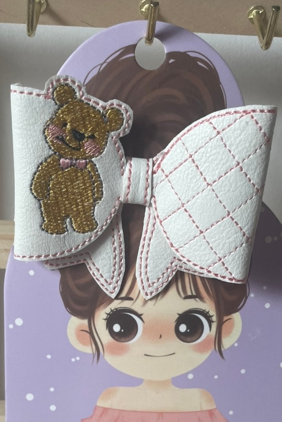 Handmade Embroidered Teddy Hair Bow – Faux Leather Hair Clip