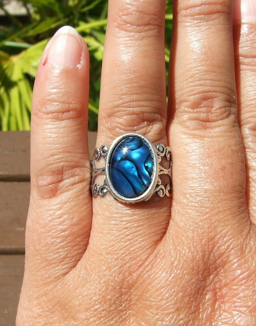 Blue Paua-Abalone Shell Filigree-Style Tibetan Silver Adjustable Ring in Box 
