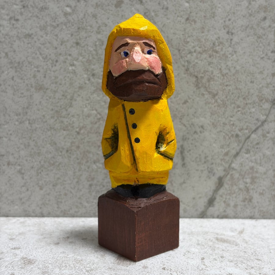 Mini Hand Carved Wooden Fisherman Sculpture – One of a Kind Folk Art Figure