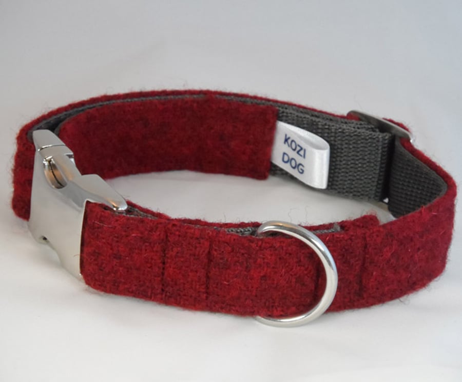 Handmade Harris Tweed Dog Collar - Plain Dark Red Mix 