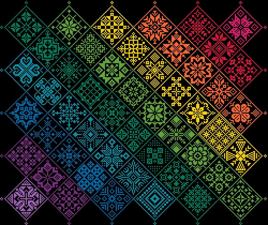 042 - Cross Stitch Quaker Banded Rainbow on Black Patchwork Tile Sampler Pattern