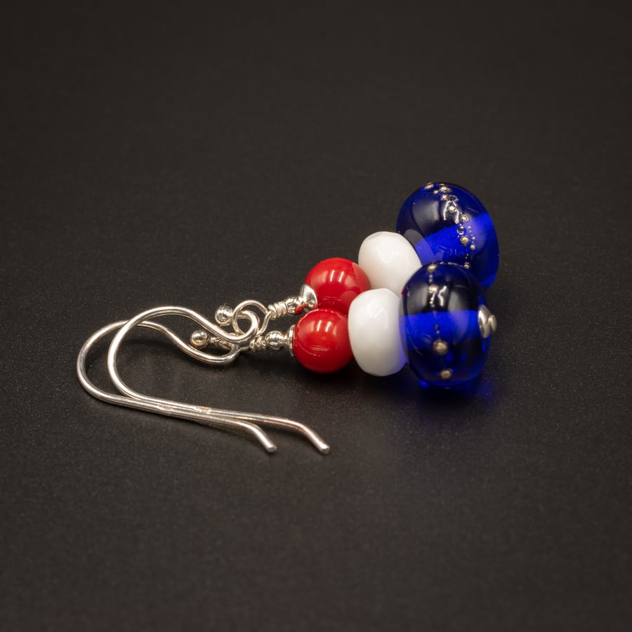 Coronation Blue red white sterling silver handmade lampwork earrings