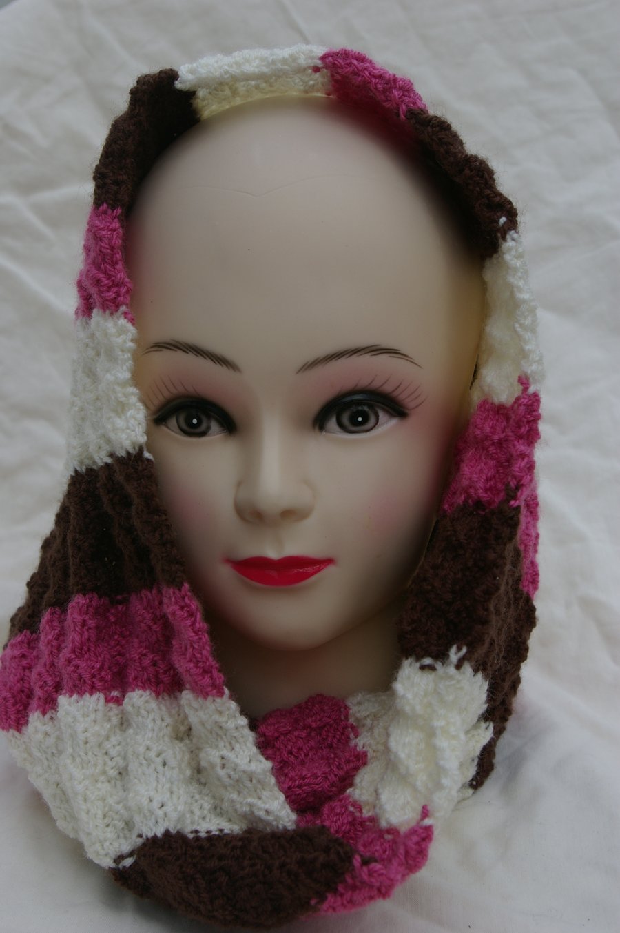 Scarf Cowl Knitted in Brown, Cream and Pink