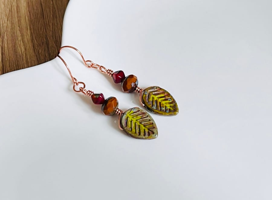 Rustic autumnal Czech bead and dogwood leaf earrings