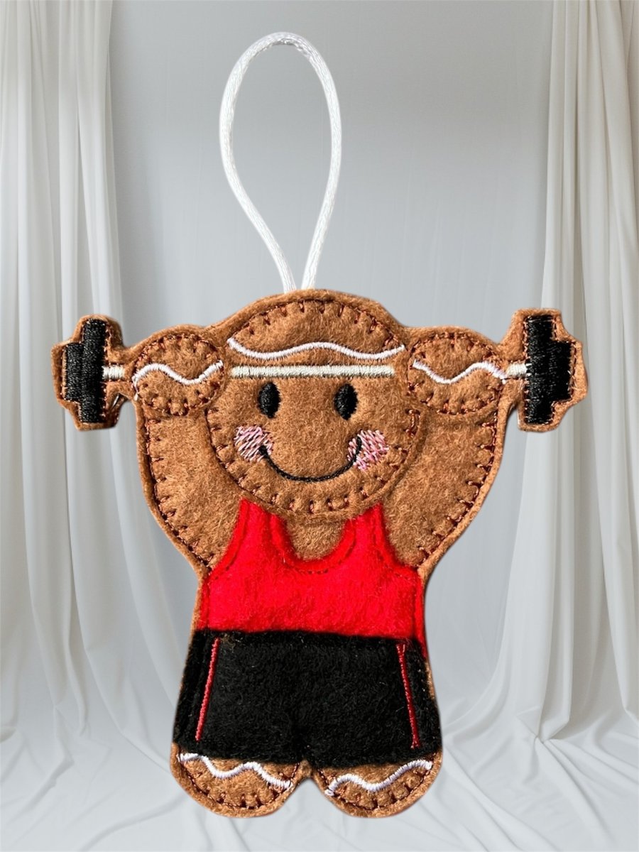 Weight lifter Gingerbread man Embroidered Hanging Keepsake 