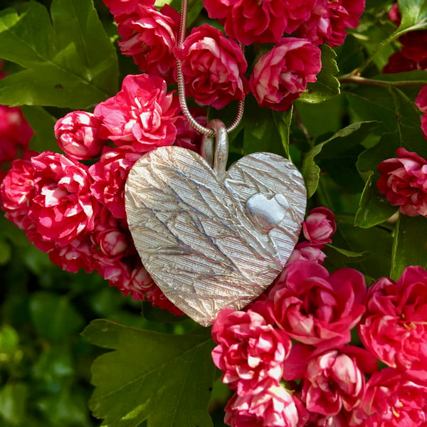 Silver Birch heart pendant with mini heart-handmade from recycled silver