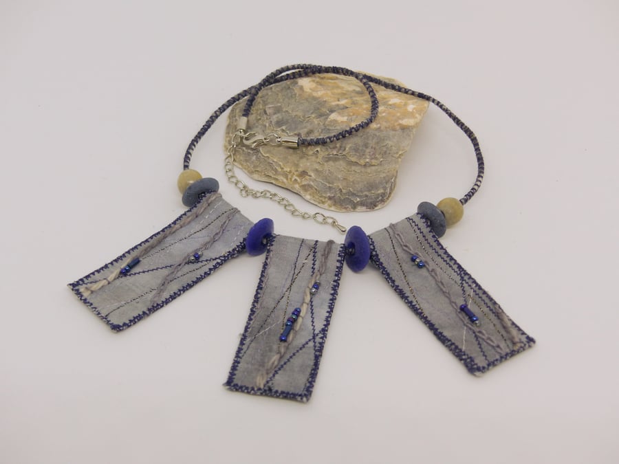 Blue-gray eco-dyed and beaded necklace