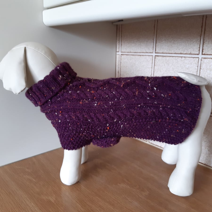 Dog Coat Jumper Knitted In Dark Plum Aran Yarn With Buttons And Cables (R660)