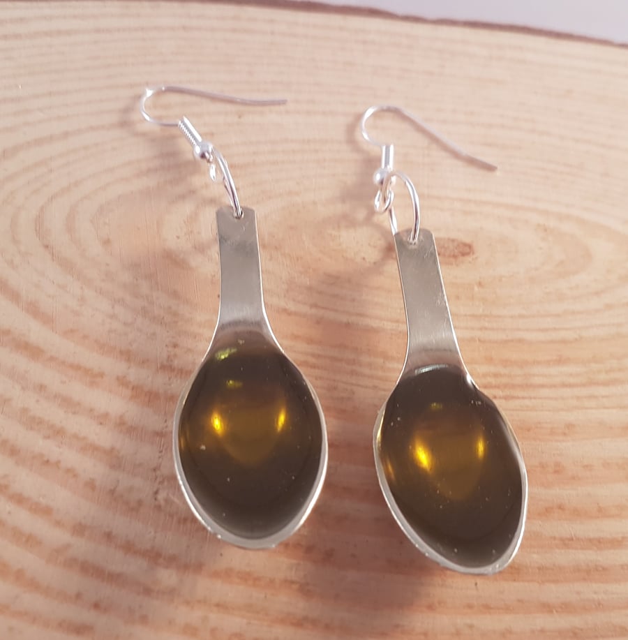 Upcycled Silver Plated Sugar Tong Gold Spoon Drop Dangle Earrings SPE081804