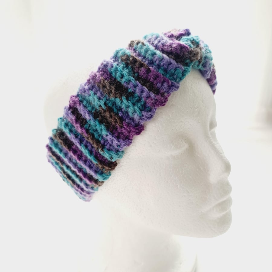 Purple Teal Ear Warmer, Crochet Twisted Headband
