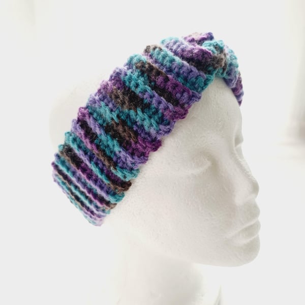 Purple Teal Ear Warmer, Crochet Twisted Headband