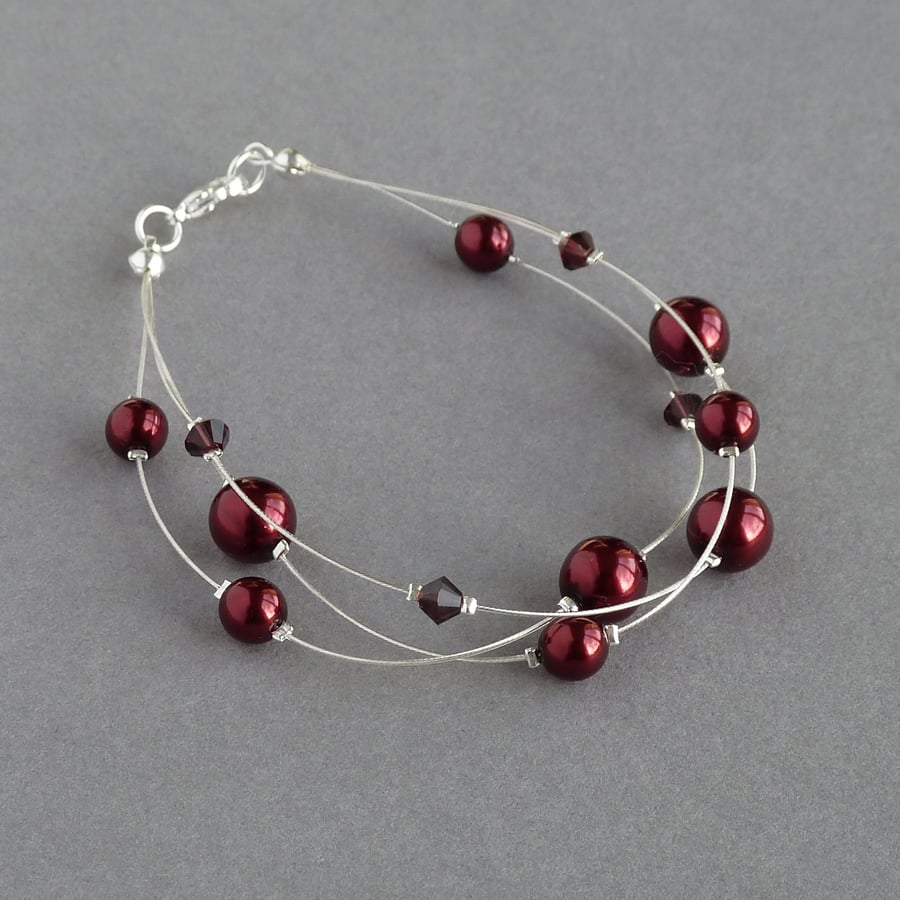 Burgundy Floating Pearl Bracelet - Dark Red Bridesmaid Gifts - Wedding Jewellery