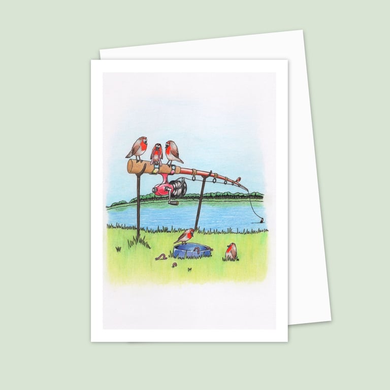 River Bank Greeting Card: Robins on a Fishing Rod Pencil Illustration (212)