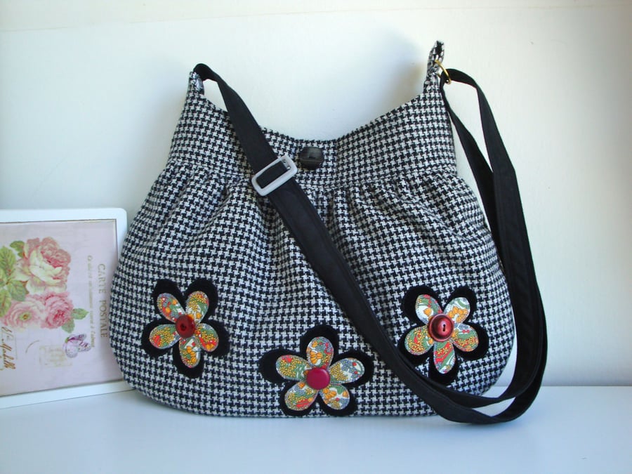 Wool Shoulder bag - Cross Body Bag - appliqued flowers - zip pocket .