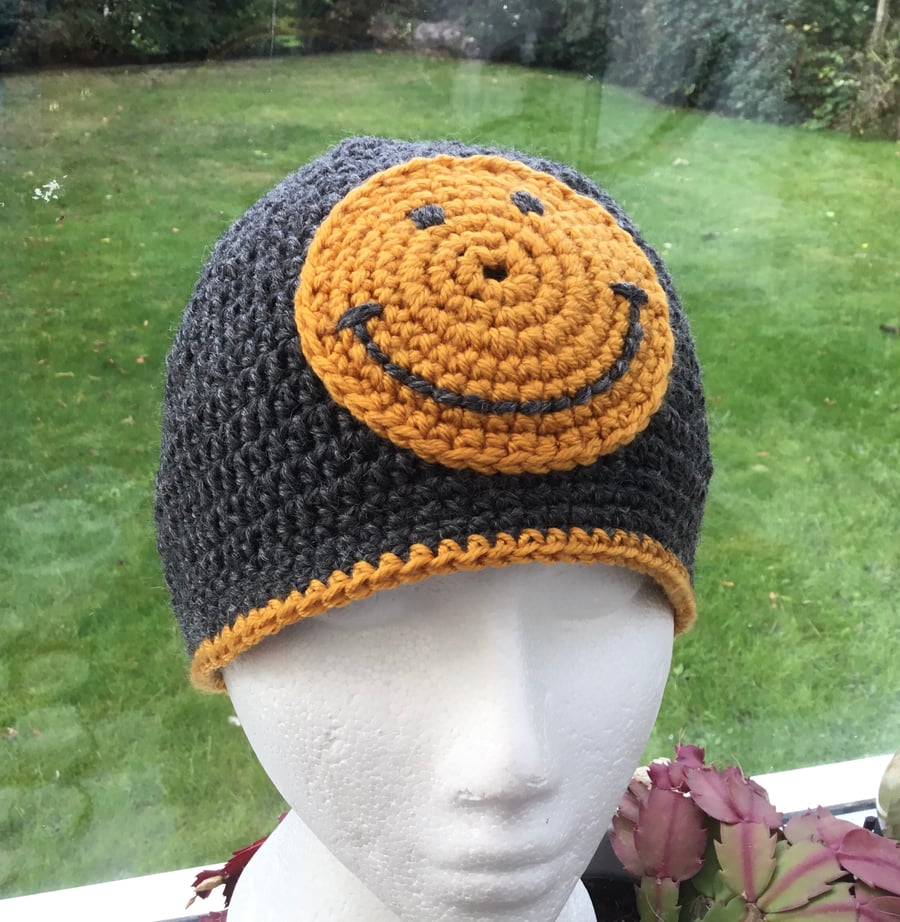 Mustard Smile! Crocheted Chunky Beanie Hat for a Lady, Gent or Teen.