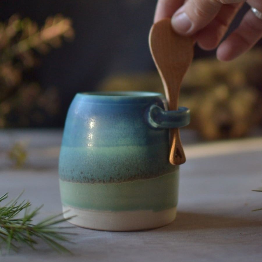 Sugar bowl & Spoon - handmade ceramic, glazed in greens and turquoise