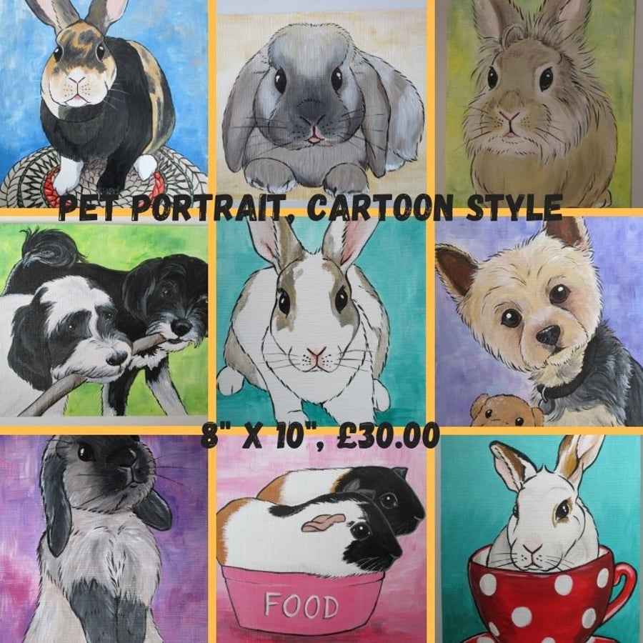 Pet Portrait Cartoon Style 8x10 Cat Dog Rabbit Guinea Pig Hamster Horse Donkey
