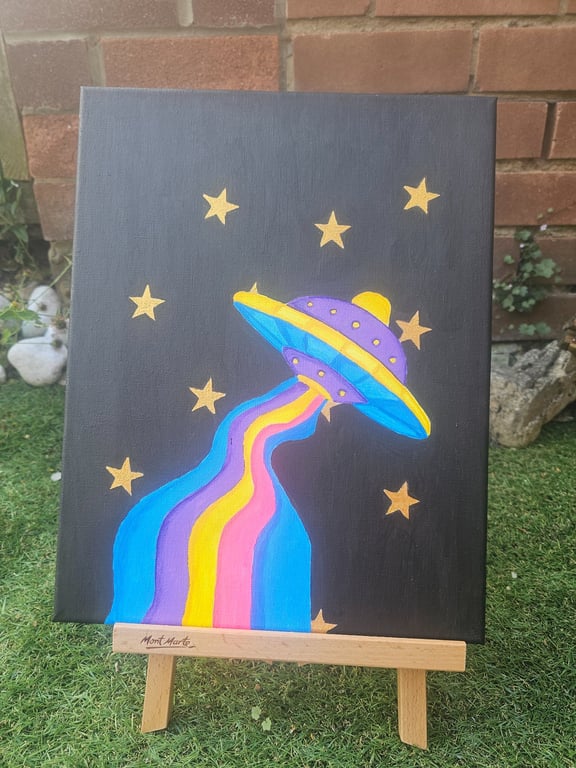 Rainbow UFO and Starry Night Sci-Fi Acrylic on Canvas Original Painting Artwork