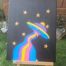 Rainbow UFO Acrylic Painting on Canvas - Handmade Space Art - Original Painting