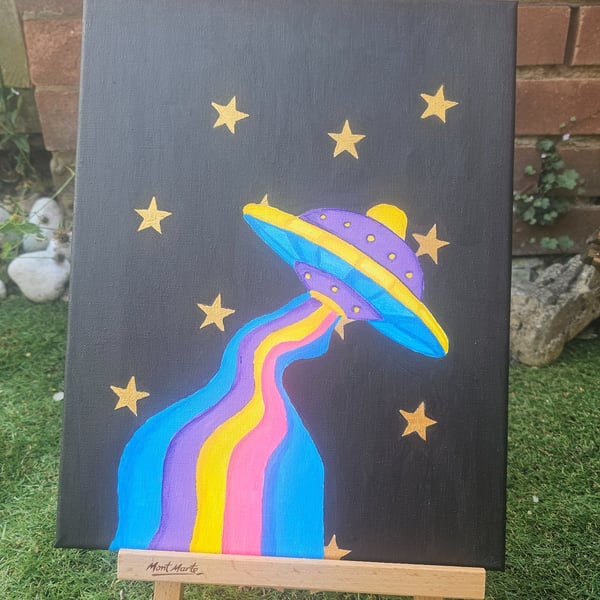 Rainbow UFO and Starry Night Sci-Fi Acrylic on Canvas Original Painting Artwork