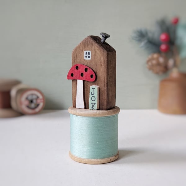 Wooden House on a Vintage Bobbin 'Joy' 