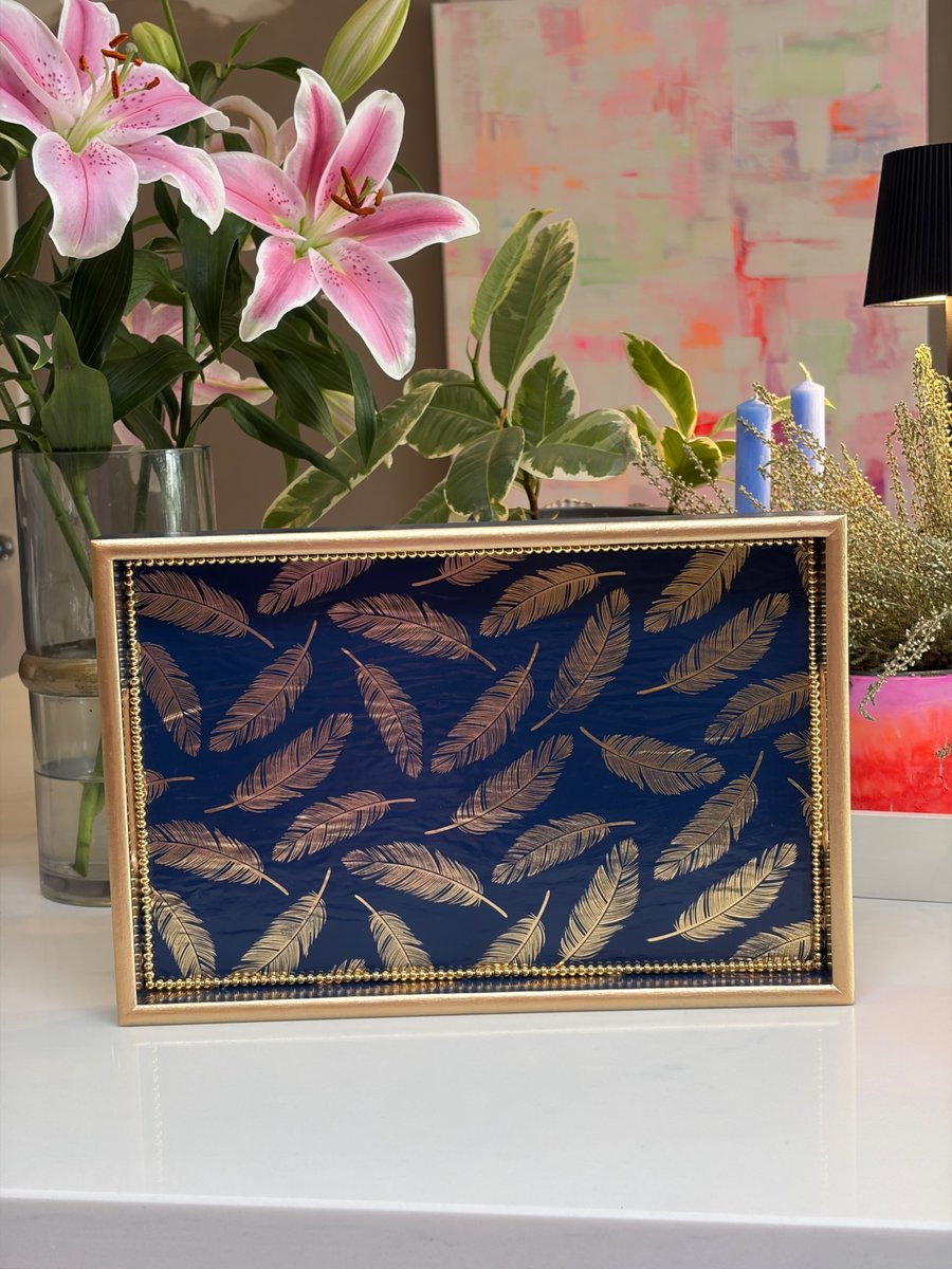 Navy Blue and Gold Feather Tray