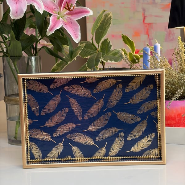 Navy Blue and Gold Feather Tray