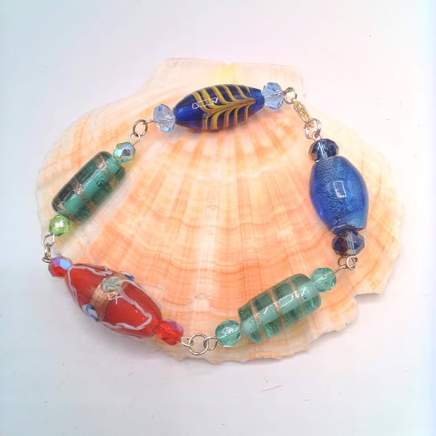 Multi Coloured Lampwork Bead and Crystal Rosary Style Bracelet, Gift for Her