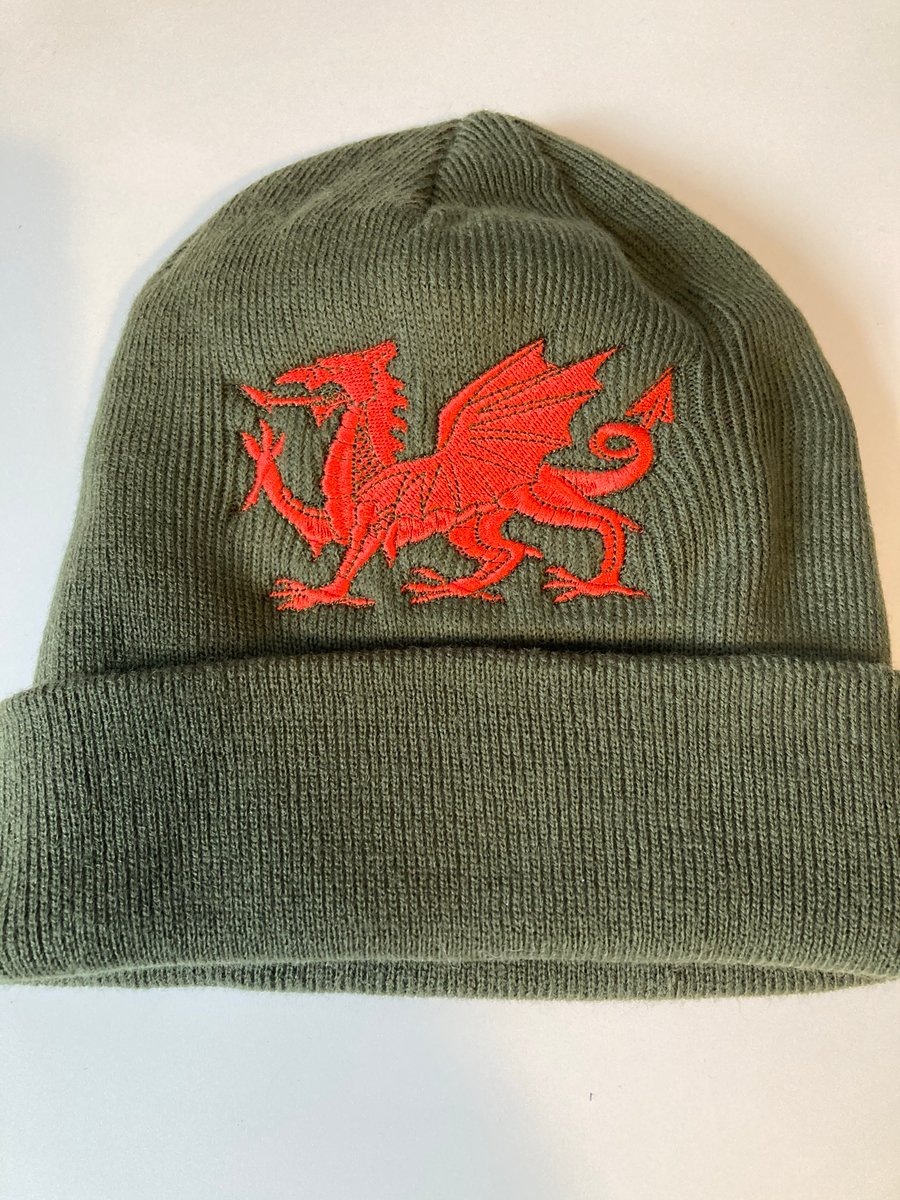 Beanie hat khaki  with Welsh Dragon 